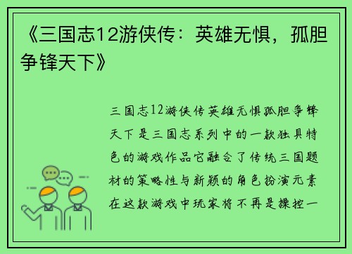 《三国志12游侠传：英雄无惧，孤胆争锋天下》